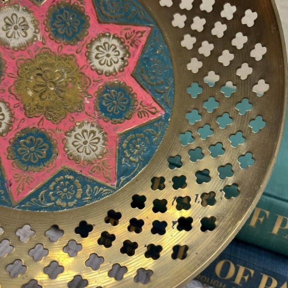 Vintage Cut Out Pierced Brass Bowl Enamel Boho Patina Distressed Made India - Picture 9 of 12